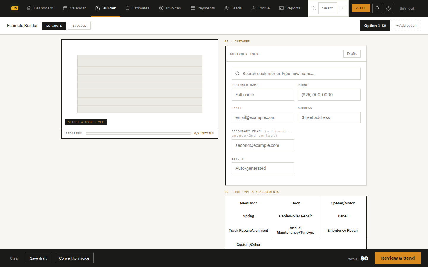 Estimate builder in the DoorVisions layout with job type, door-style catalog, and door-size measurement flow