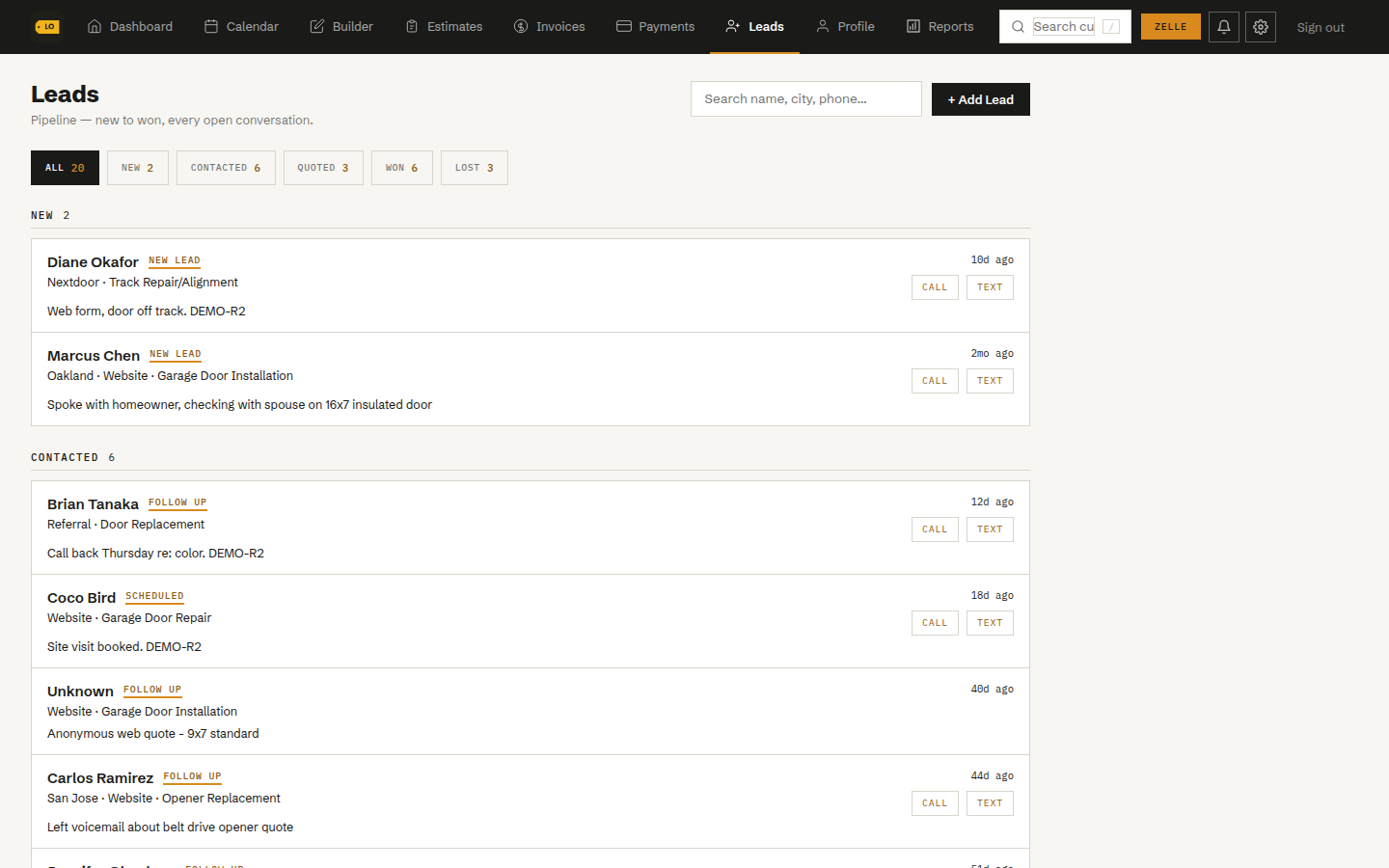 Leads pipeline with new, contacted, and quoted stages and one-tap call and text