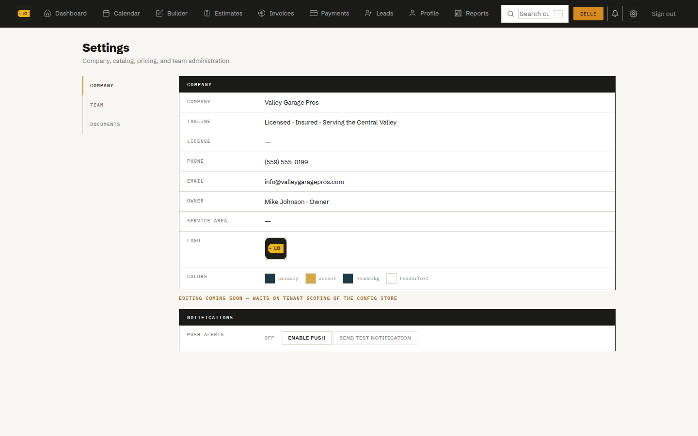 Company settings for branding, catalog, pricing, and team administration