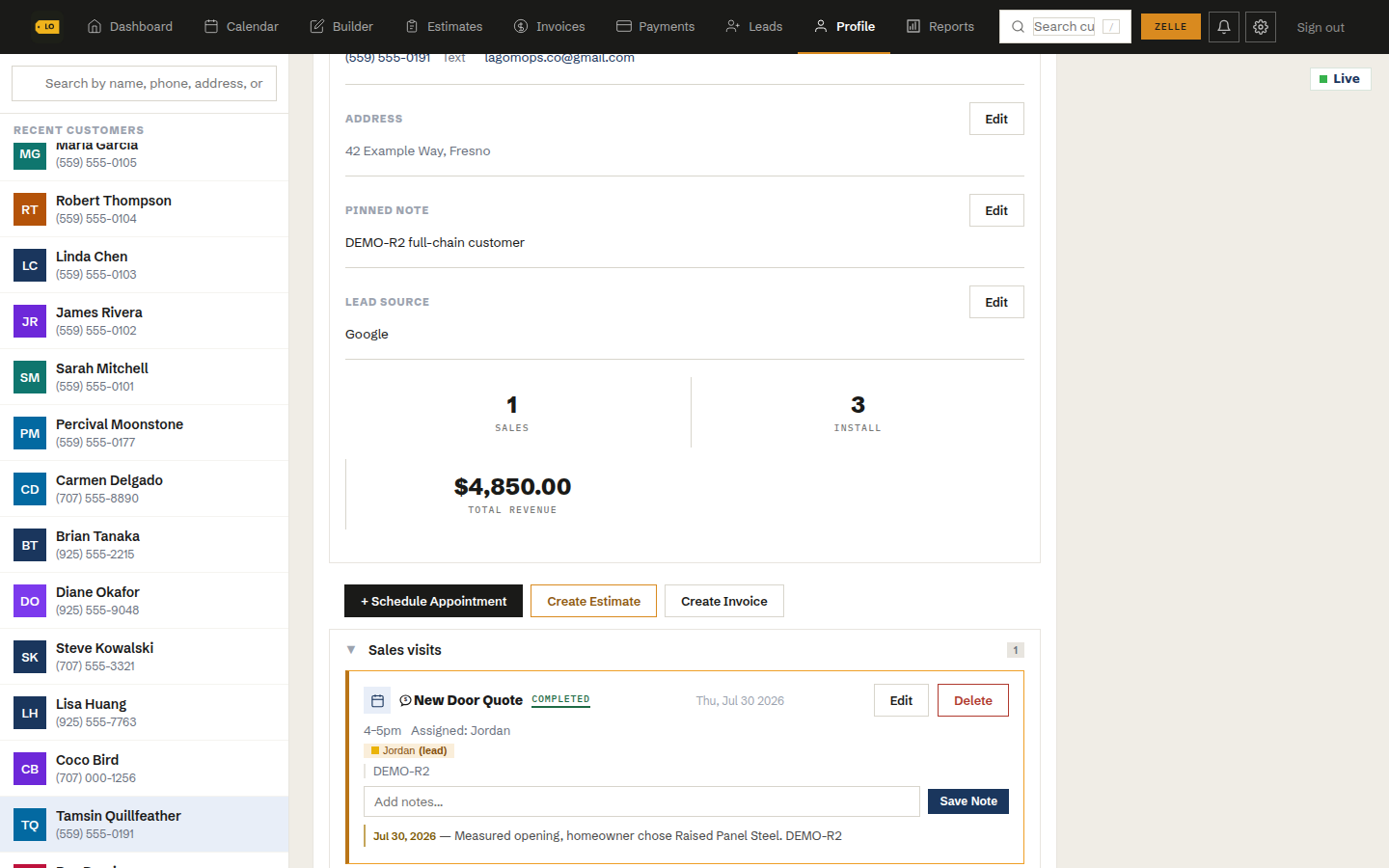 Customer timeline: scheduled install, estimates and invoices, and a dated activity feed