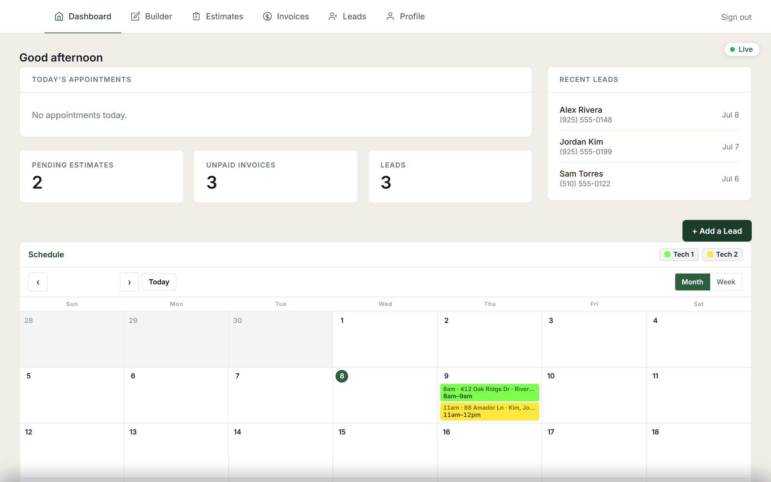 The Lagom portal Dashboard — jobs, leads, and appointments in one screen