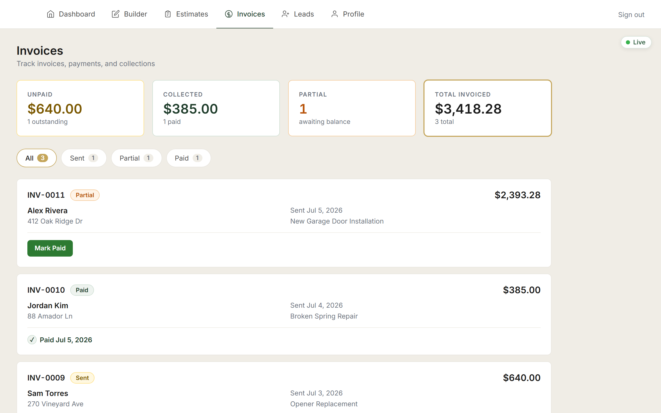 An invoice from the portal built for Generational Garage Doors